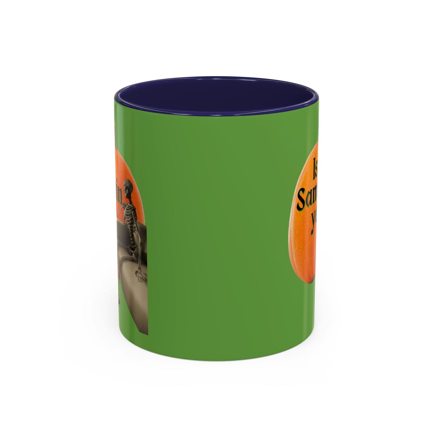 Is It Samhain Yet? Skeleton's Giant Pumpkin Green Accent Mug by CreepyCrafts.boo