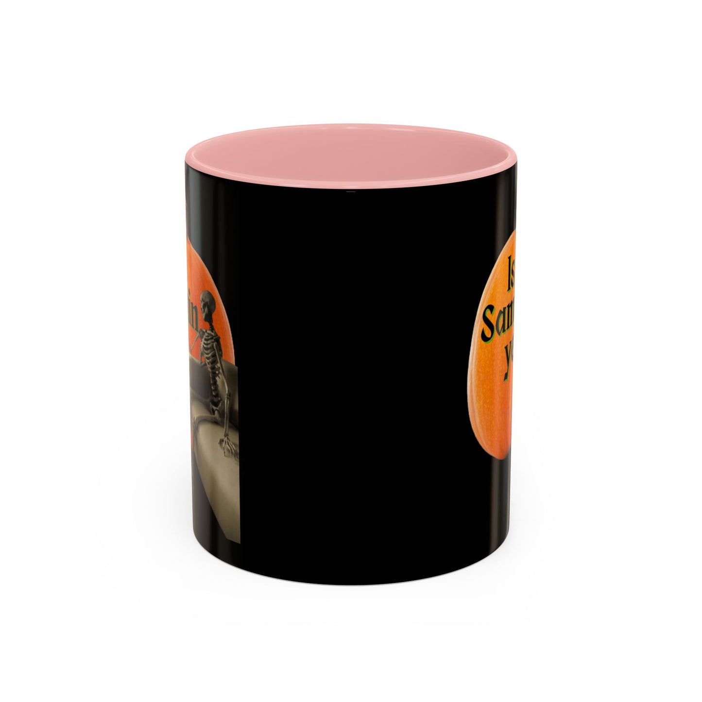 Is It Samhain Yet? Skeleton's Giant Pumpkin Black Accent Mug by CreepyCrafts.boo