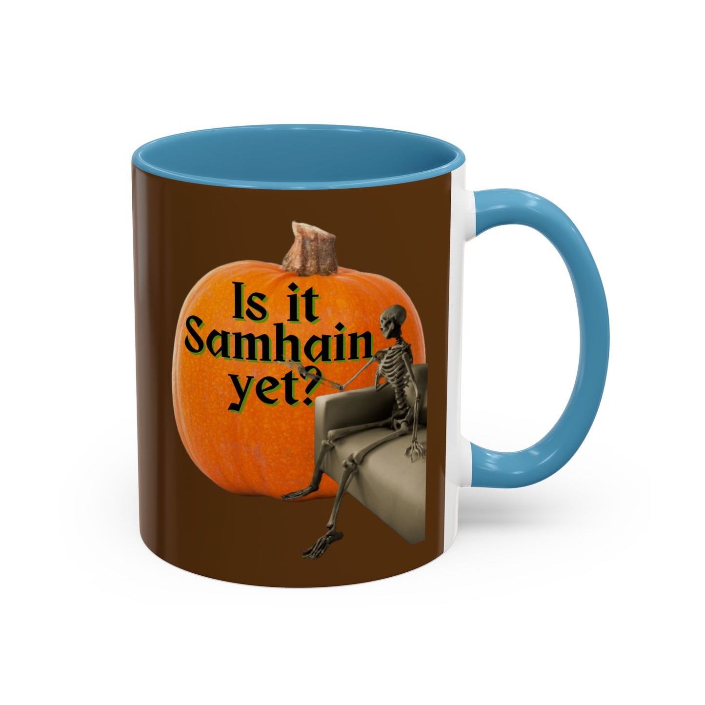 Is It Samhain Yet? Skeleton's Giant Pumpkin Brown Accent Mug by CreepyCrafts.boo