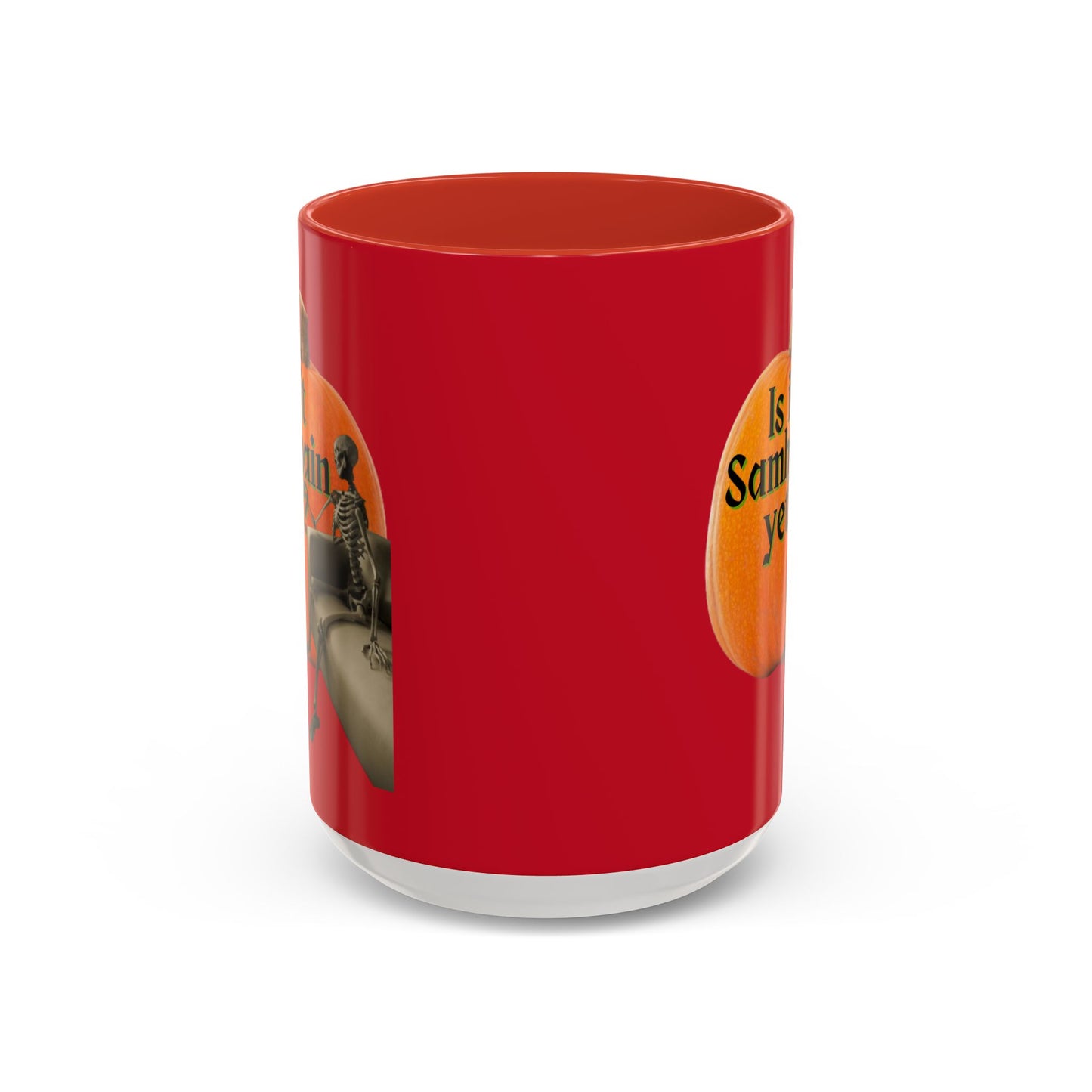 Is It Samhain Yet? Skeleton's Giant Pumpkin Red Accent Mug by CreepyCrafts.boo