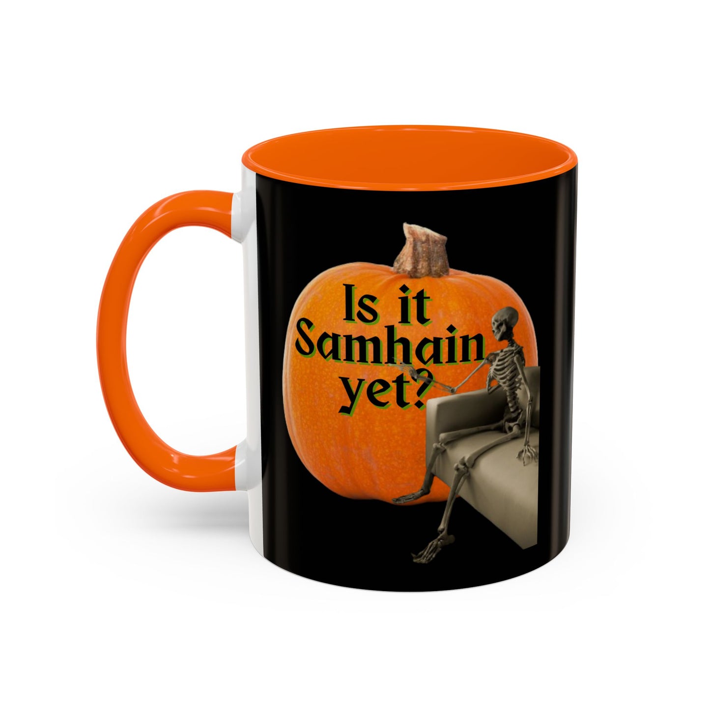 Is It Samhain Yet? Skeleton's Giant Pumpkin Black Accent Mug by CreepyCrafts.boo
