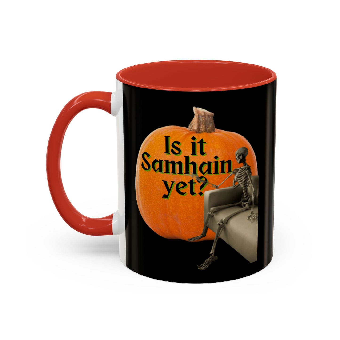 Is It Samhain Yet? Skeleton's Giant Pumpkin Black Accent Mug by CreepyCrafts.boo