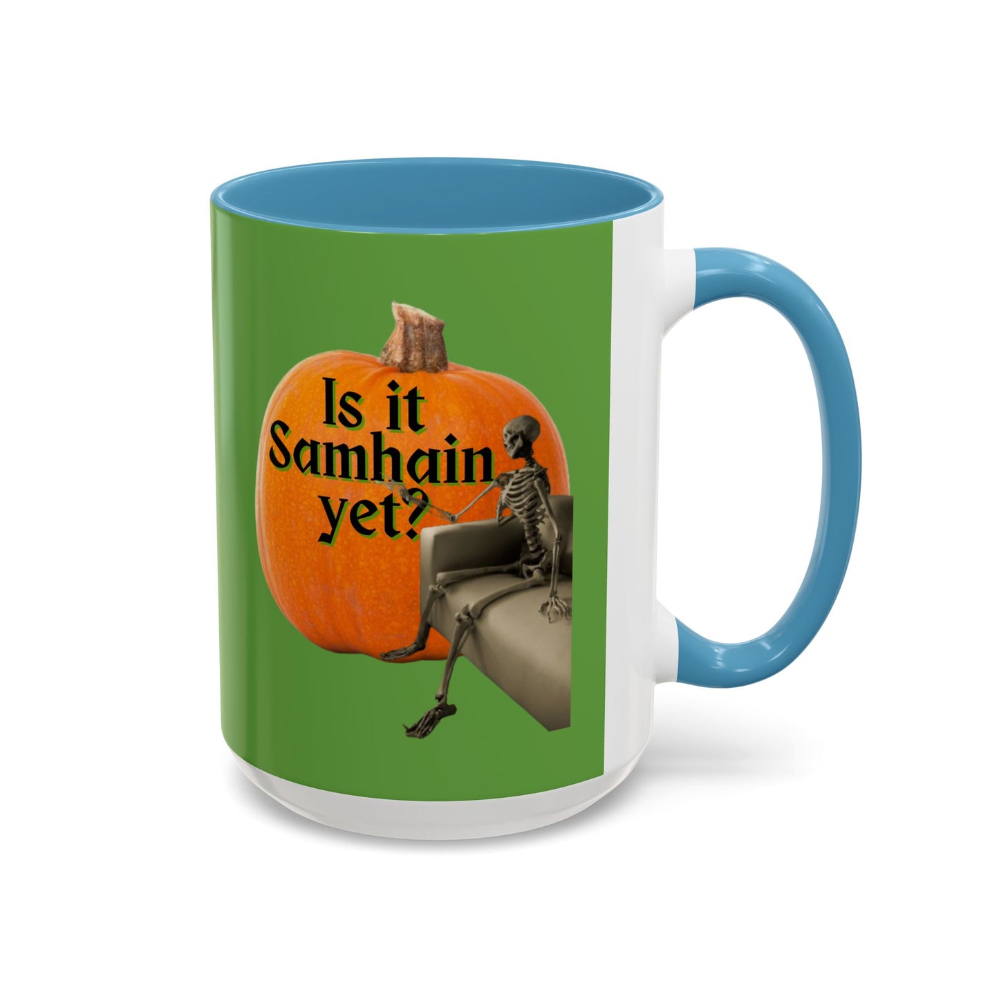 Is It Samhain Yet? Skeleton's Giant Pumpkin Green Accent Mug by CreepyCrafts.boo