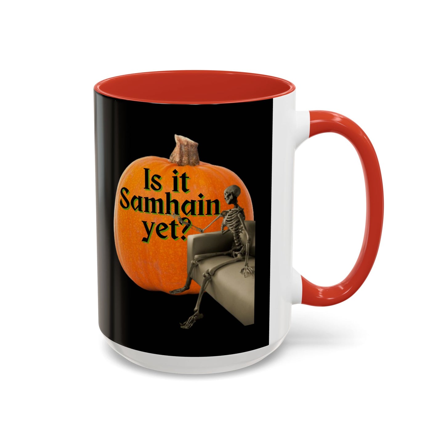 Is It Samhain Yet? Skeleton's Giant Pumpkin Black Accent Mug by CreepyCrafts.boo