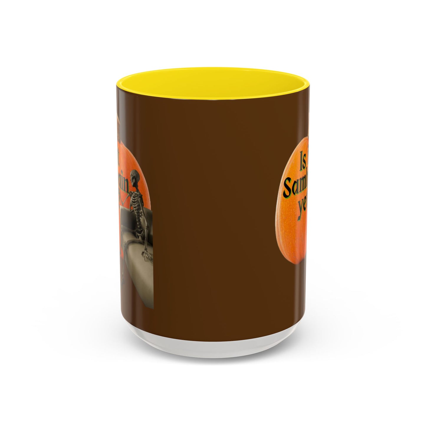 Is It Samhain Yet? Skeleton's Giant Pumpkin Brown Accent Mug by CreepyCrafts.boo