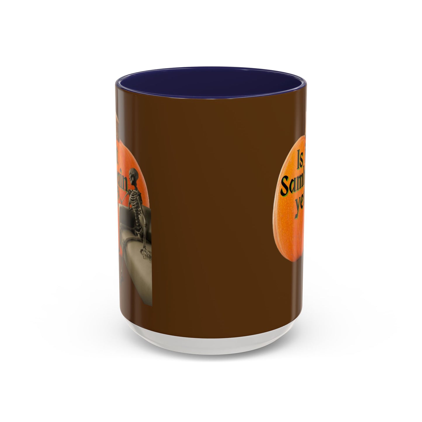 Is It Samhain Yet? Skeleton's Giant Pumpkin Brown Accent Mug by CreepyCrafts.boo