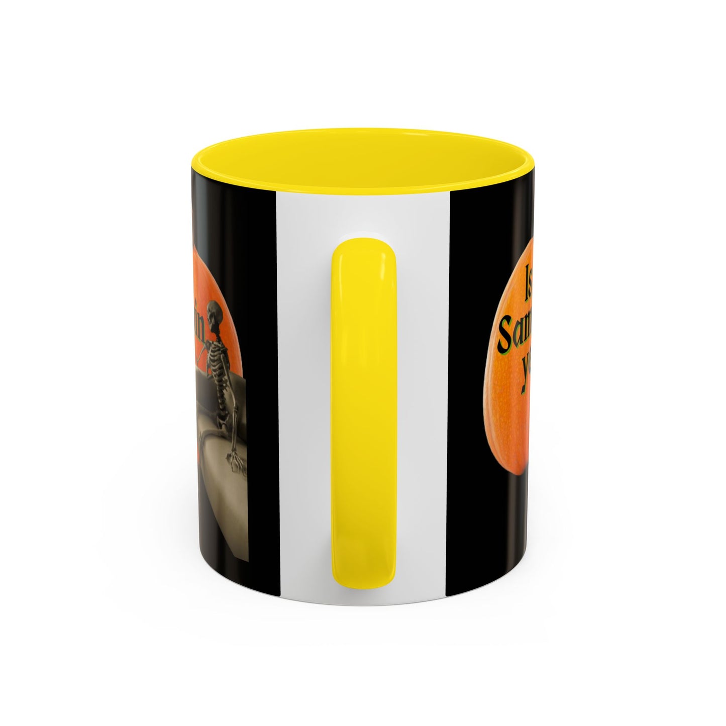 Is It Samhain Yet? Skeleton's Giant Pumpkin Black Accent Mug by CreepyCrafts.boo