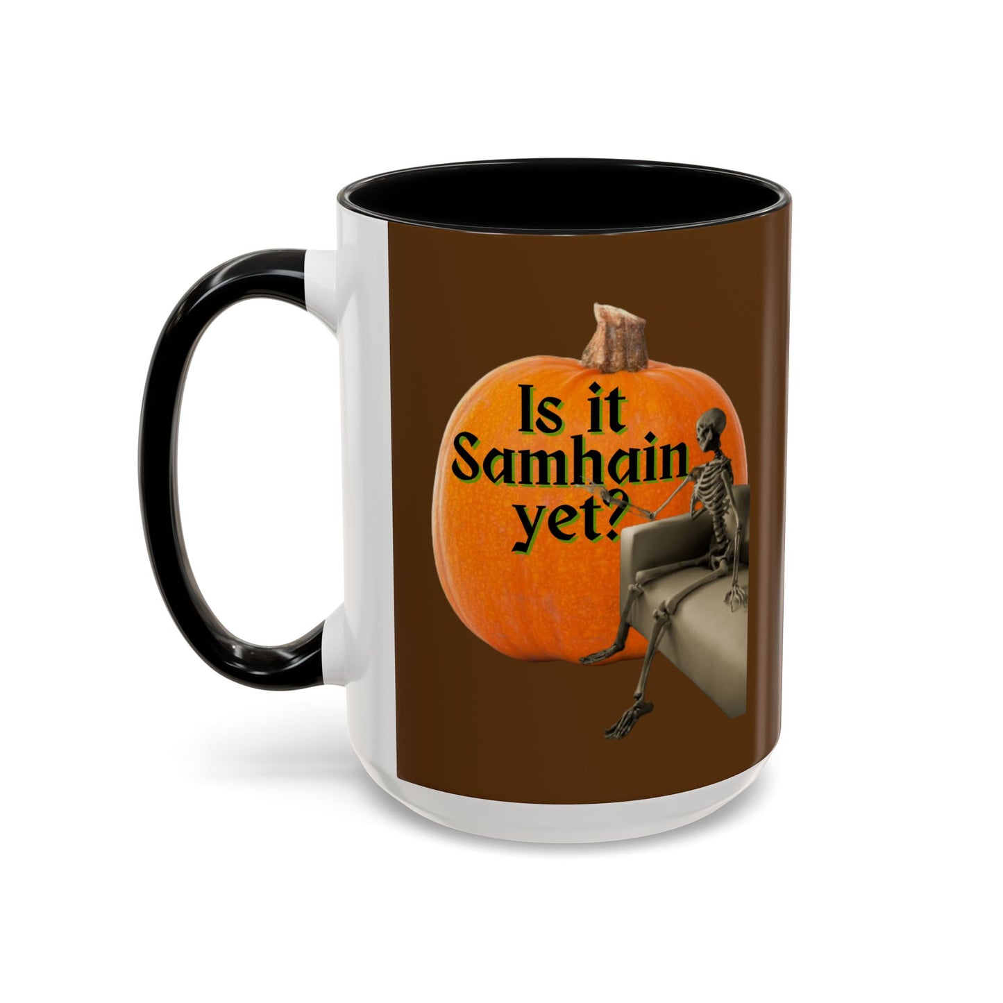 Is It Samhain Yet? Skeleton's Giant Pumpkin Brown Accent Mug by CreepyCrafts.boo