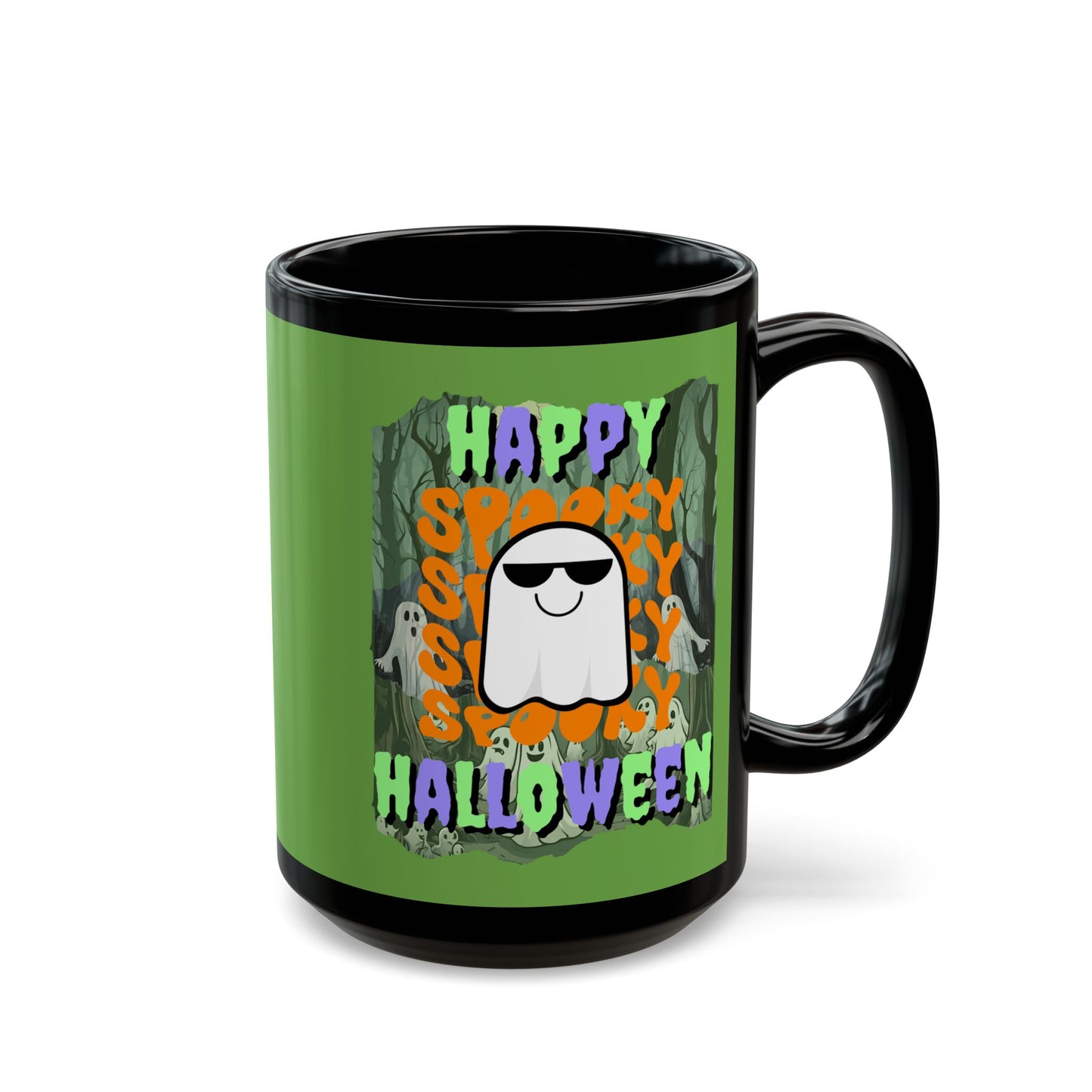 Spooky Happy Halloween Ghost Mixed font Green Mug by CreepyCrafts.boo