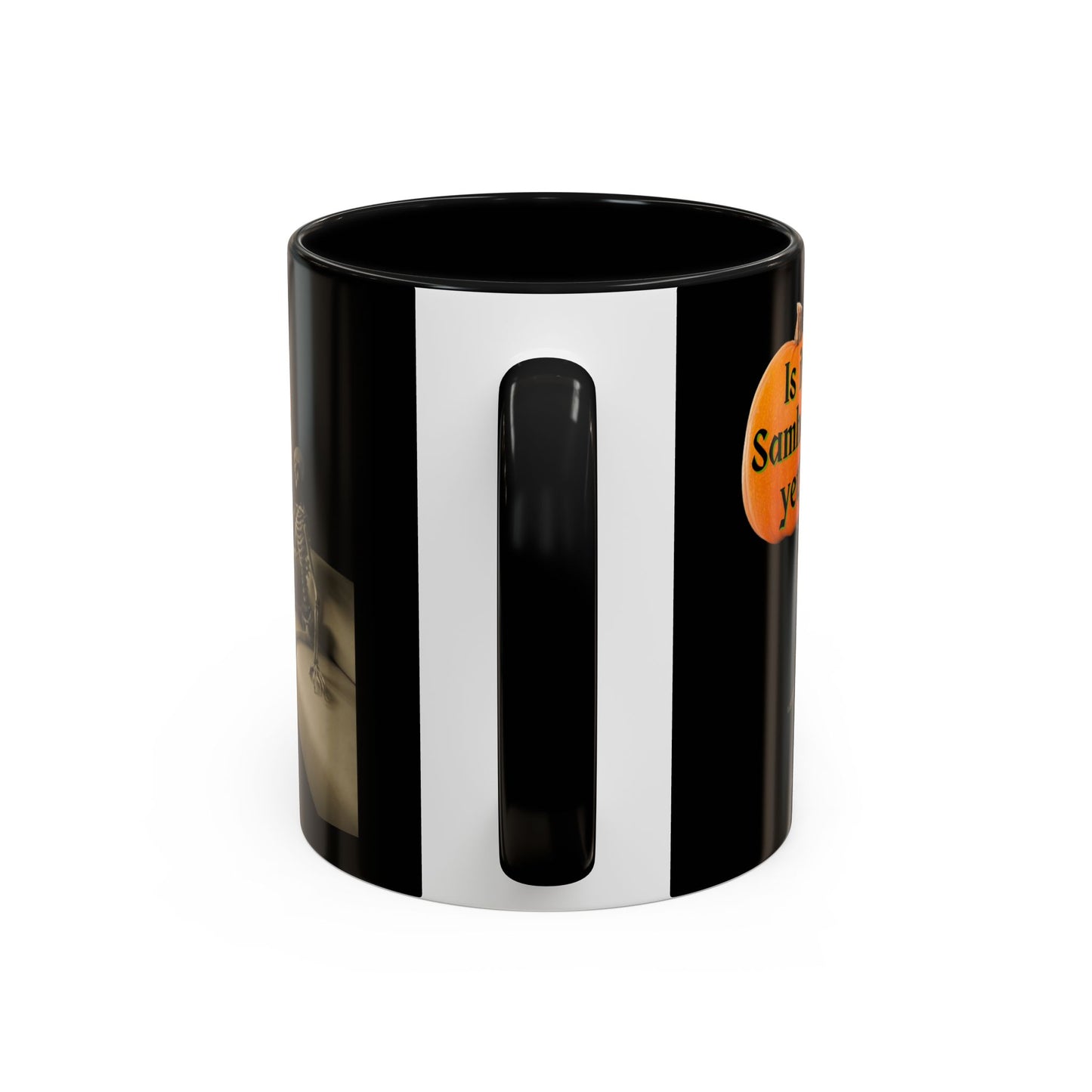 Is it Samhain yet? Skeleton's Pumpkin Black Accent Mug by CreepyCrafts.boo