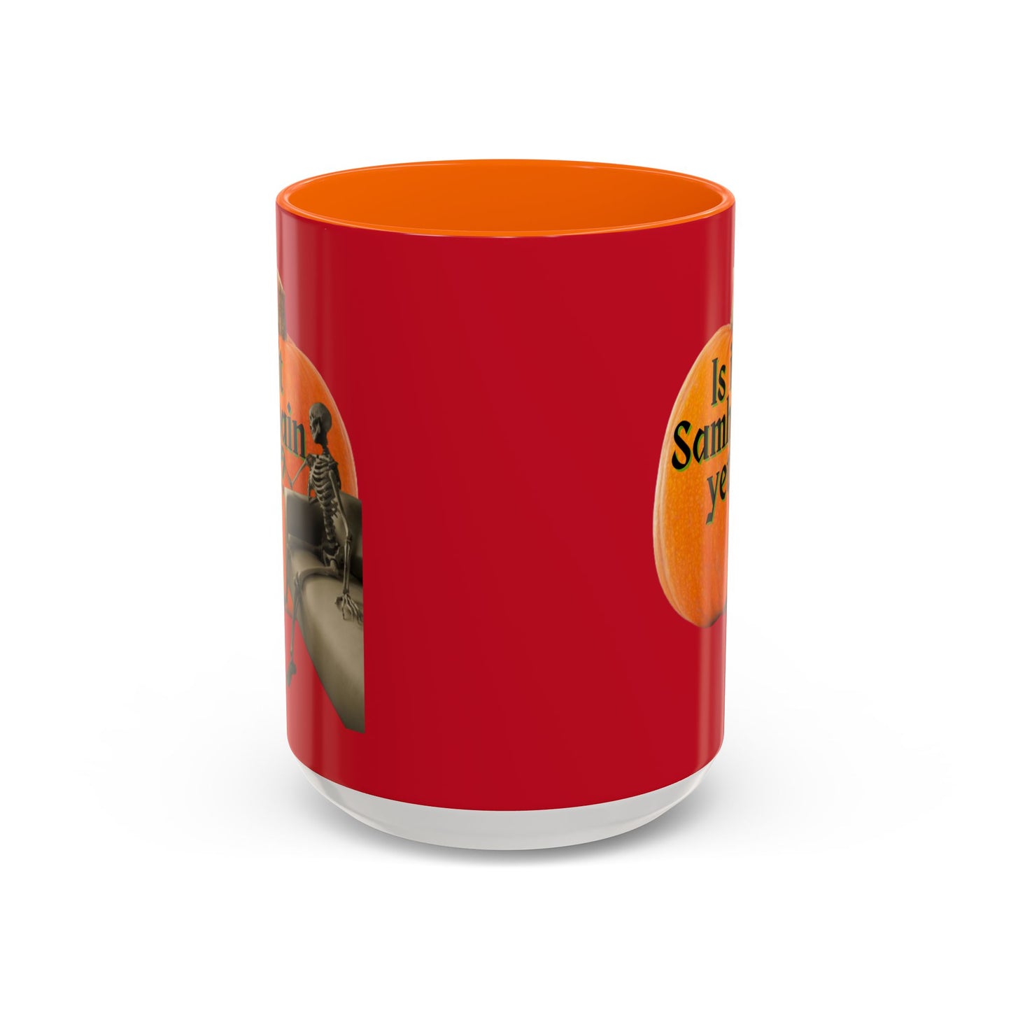 Is It Samhain Yet? Skeleton's Giant Pumpkin Red Accent Mug by CreepyCrafts.boo