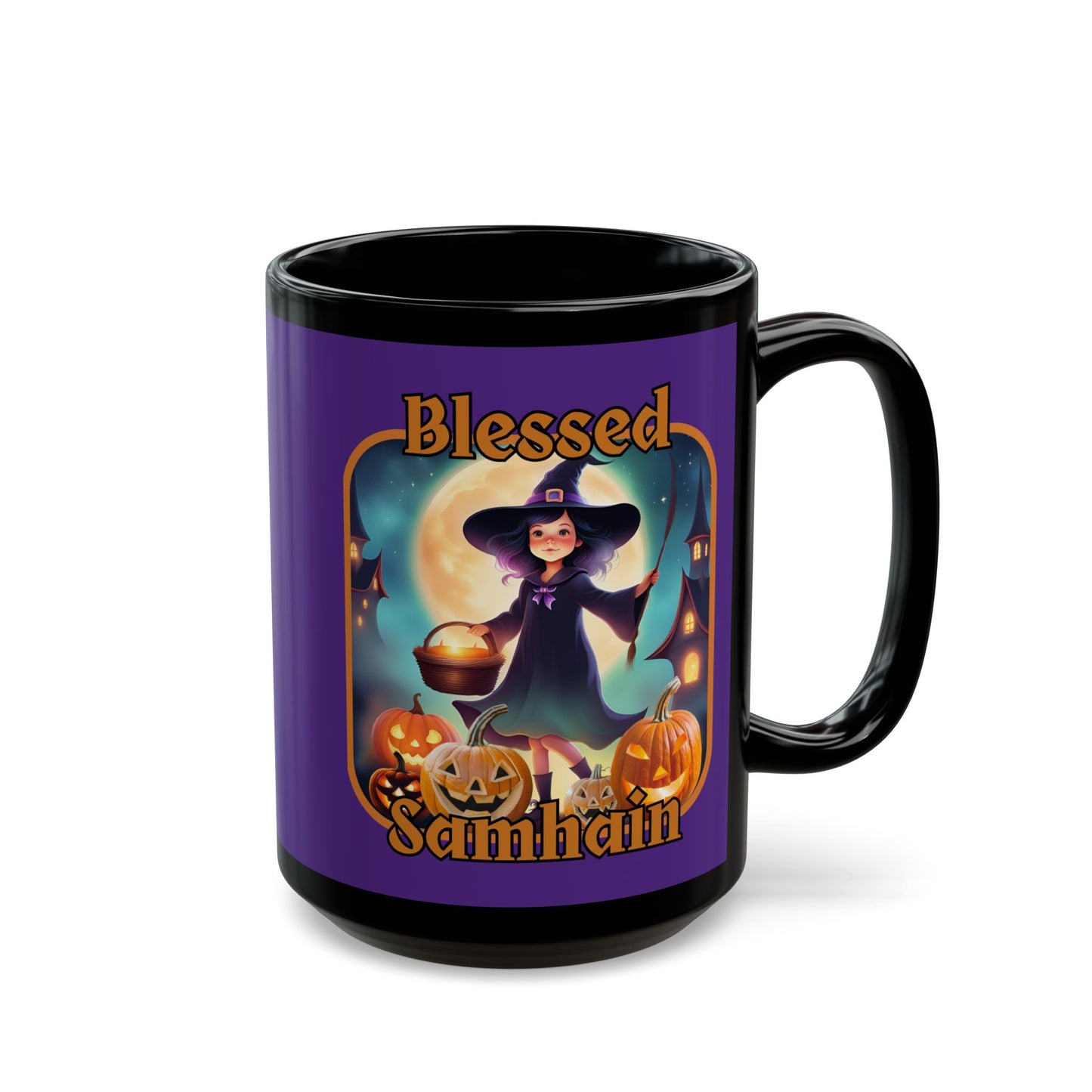 Blessed Samhain Little Witch Orange font Purple Mug by CreepyCrafts.boo