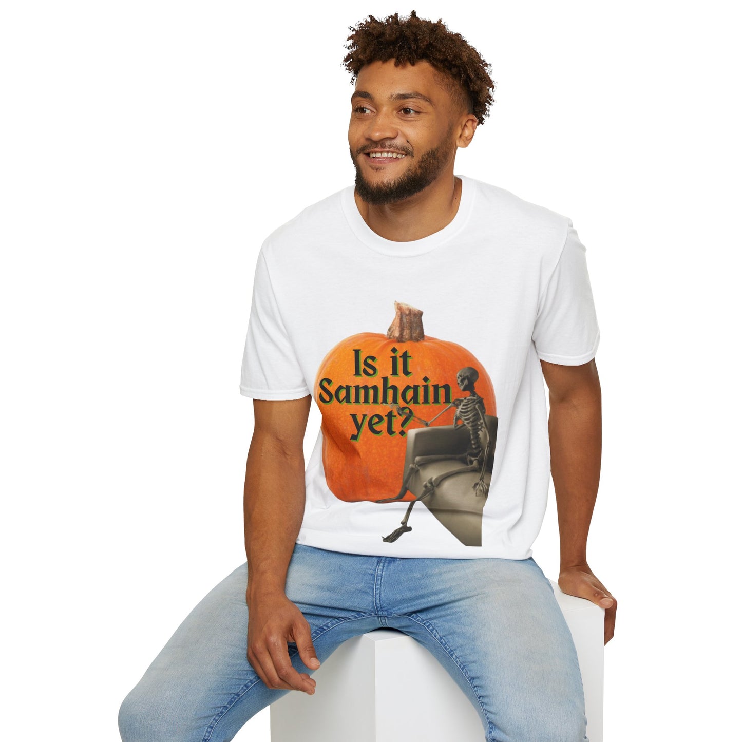 Is It Samhain Yet? Skeleton's Giant Pumpkin Light colors Unisex T-Shirt by CreepyCrafts.boo