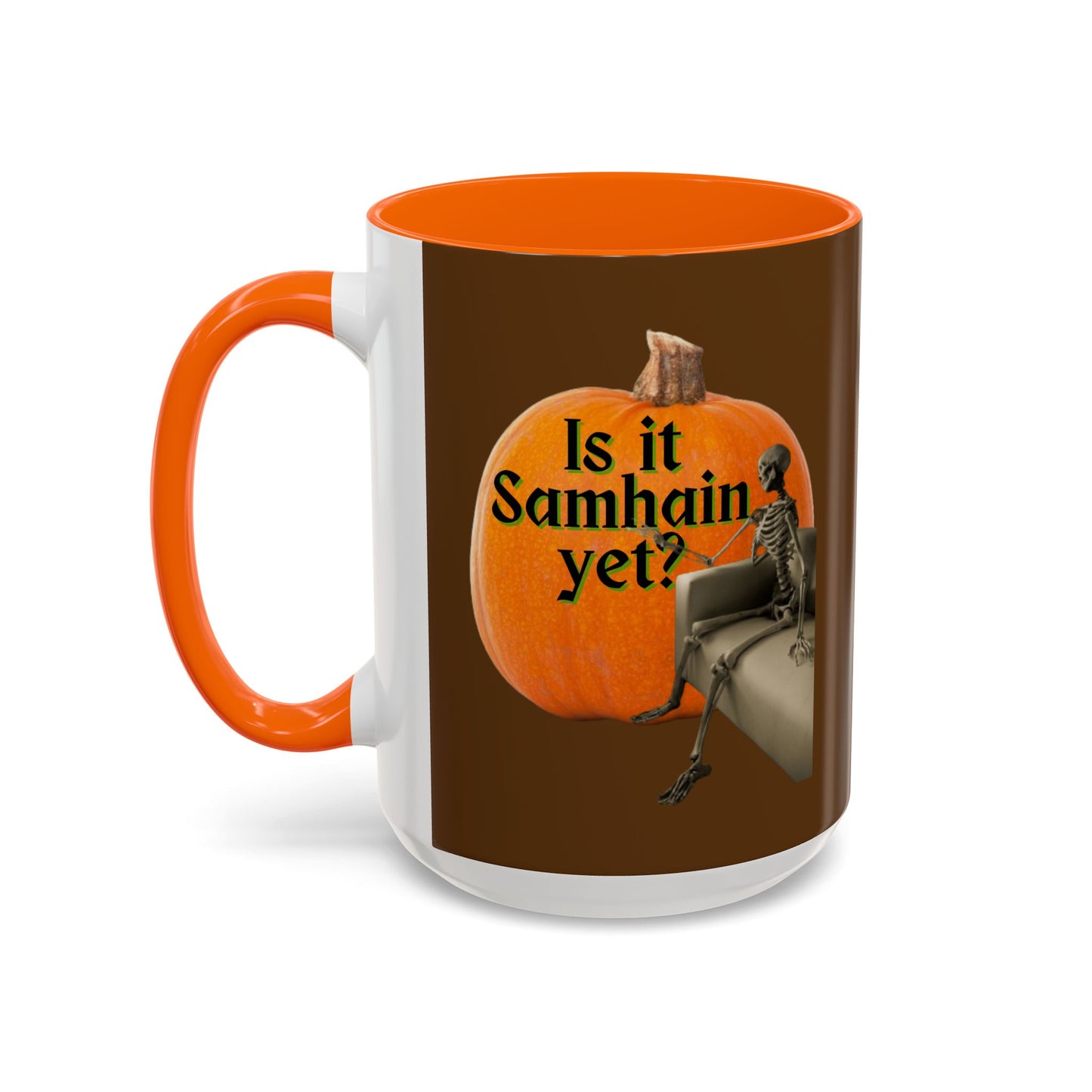 Is It Samhain Yet? Skeleton's Giant Pumpkin Brown Accent Mug by CreepyCrafts.boo