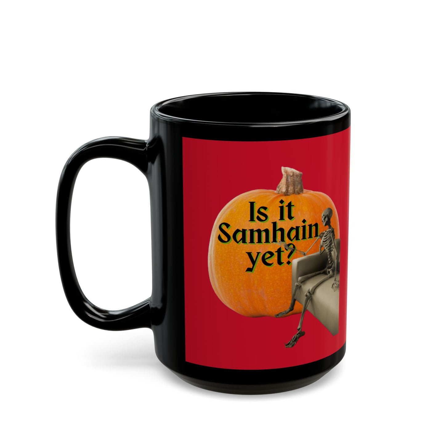 Is It Samhain Yet? Skeleton's Giant Pumpkin Red Mug by CreepyCrafts.boo