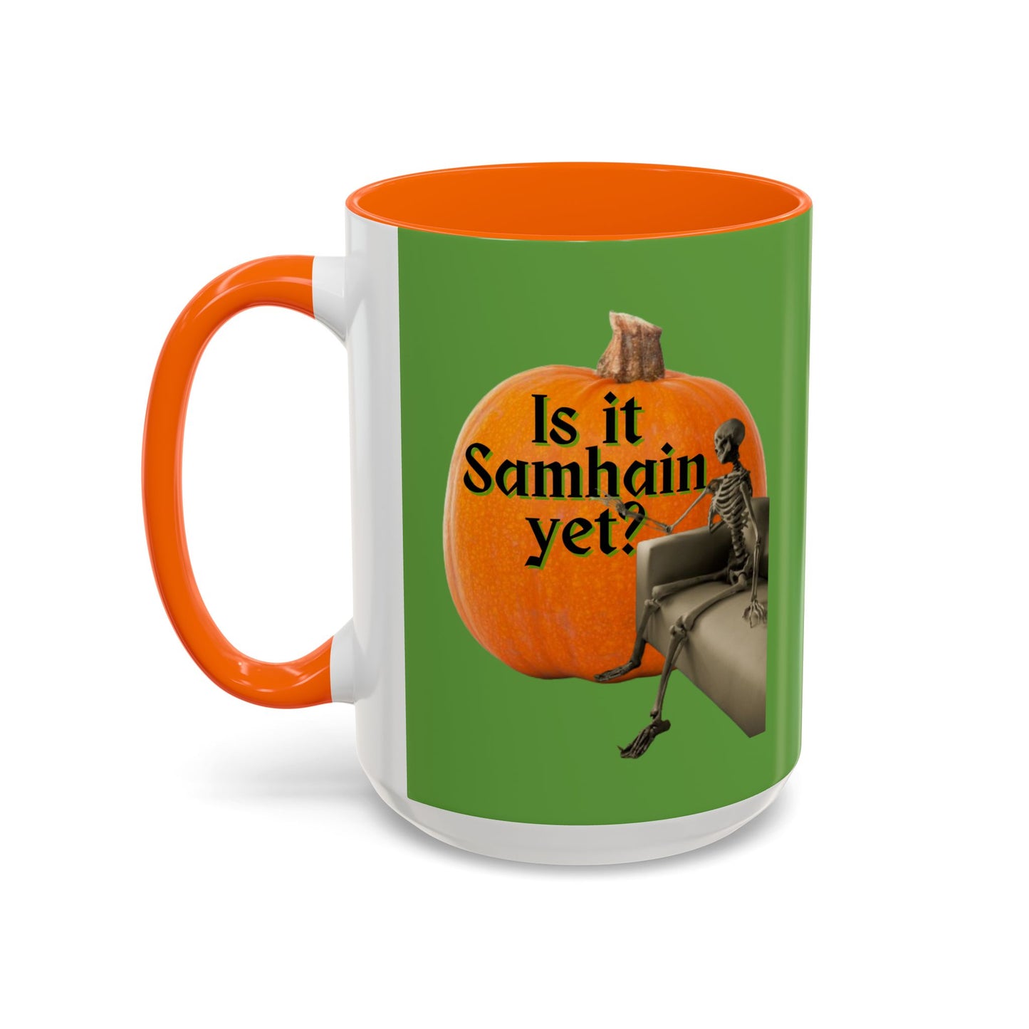 Is It Samhain Yet? Skeleton's Giant Pumpkin Green Accent Mug by CreepyCrafts.boo