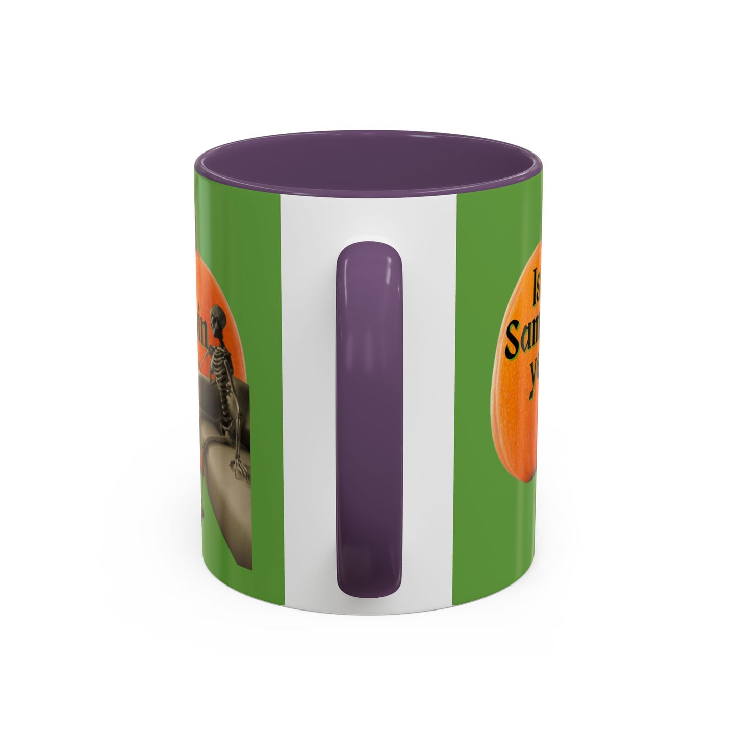 Is It Samhain Yet? Skeleton's Giant Pumpkin Green Accent Mug by CreepyCrafts.boo