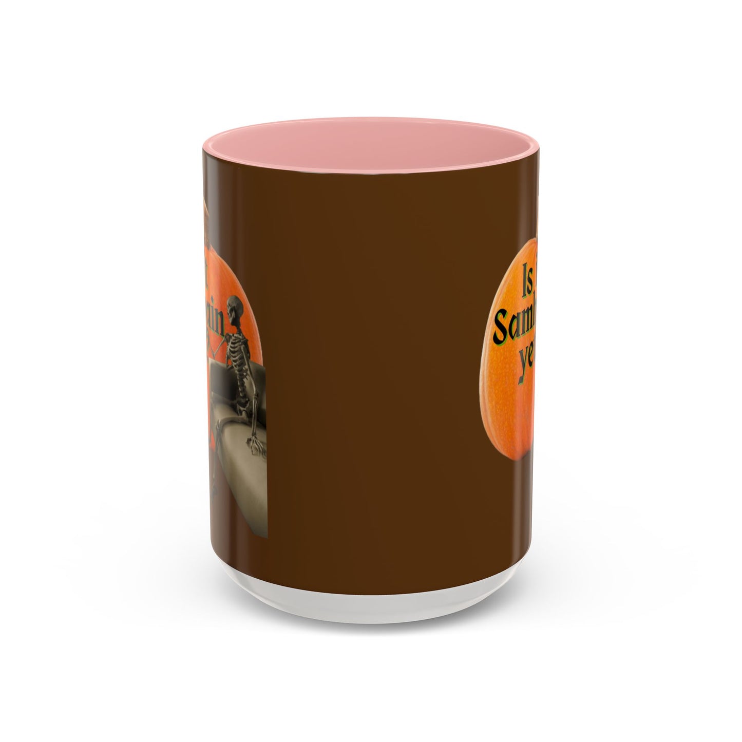 Is It Samhain Yet? Skeleton's Giant Pumpkin Brown Accent Mug by CreepyCrafts.boo