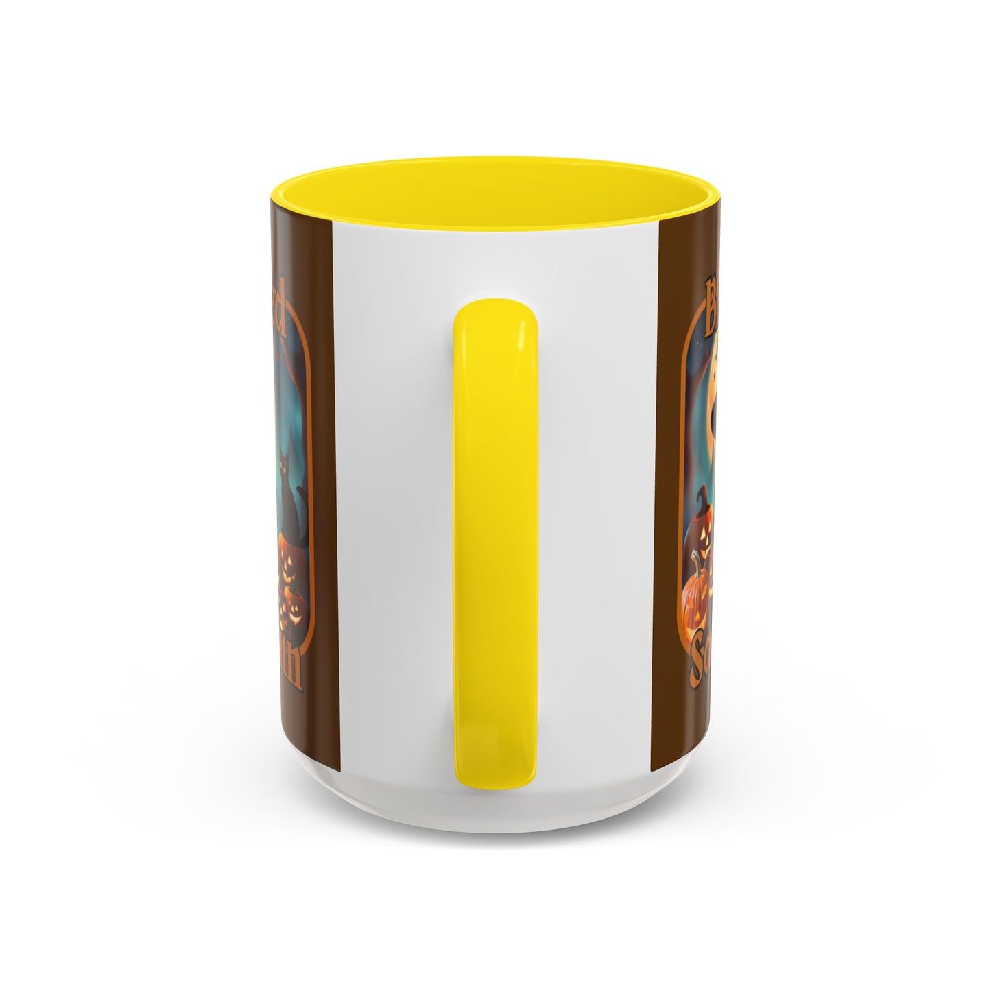 Blessed Samhain Cute Witch Orange font Brown Accent Mug by CreepyCrafts.boo