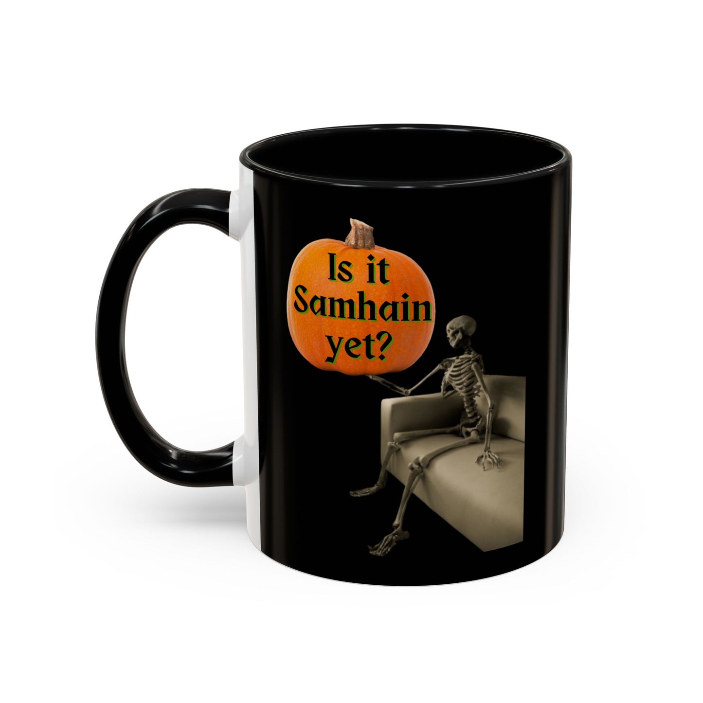 Is it Samhain yet? Skeleton's Pumpkin Black Accent Mug by CreepyCrafts.boo