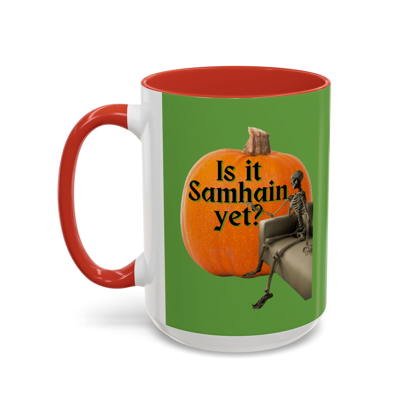 Is It Samhain Yet? Skeleton's Giant Pumpkin Green Accent Mug by CreepyCrafts.boo