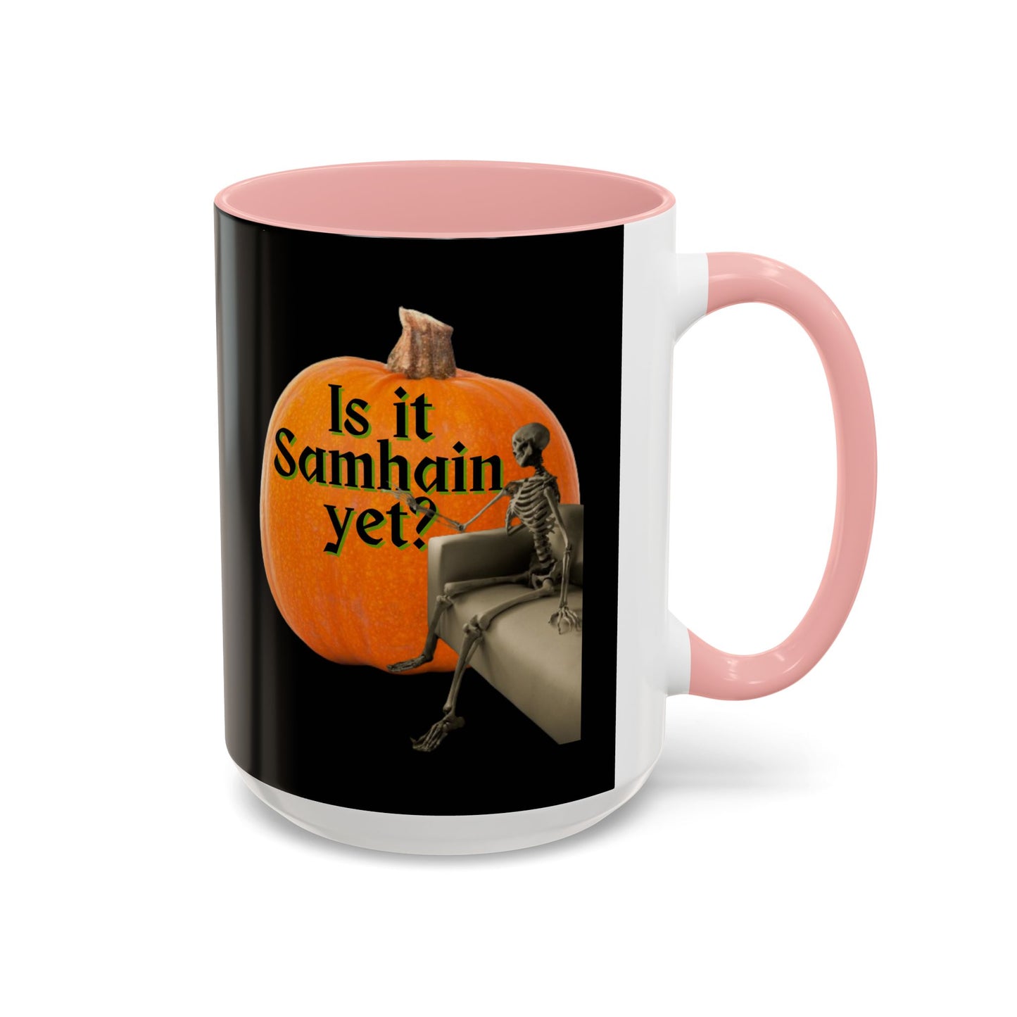 Is It Samhain Yet? Skeleton's Giant Pumpkin Black Accent Mug by CreepyCrafts.boo