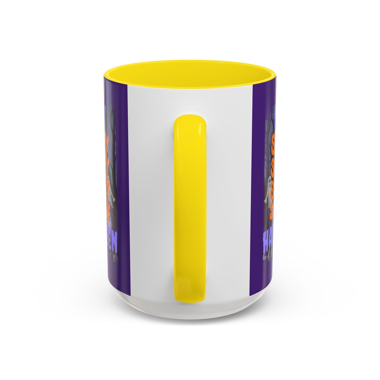 Spooky Happy Halloween Ghost Purple font Purple Accent Mug by CreepyCrafts.boo
