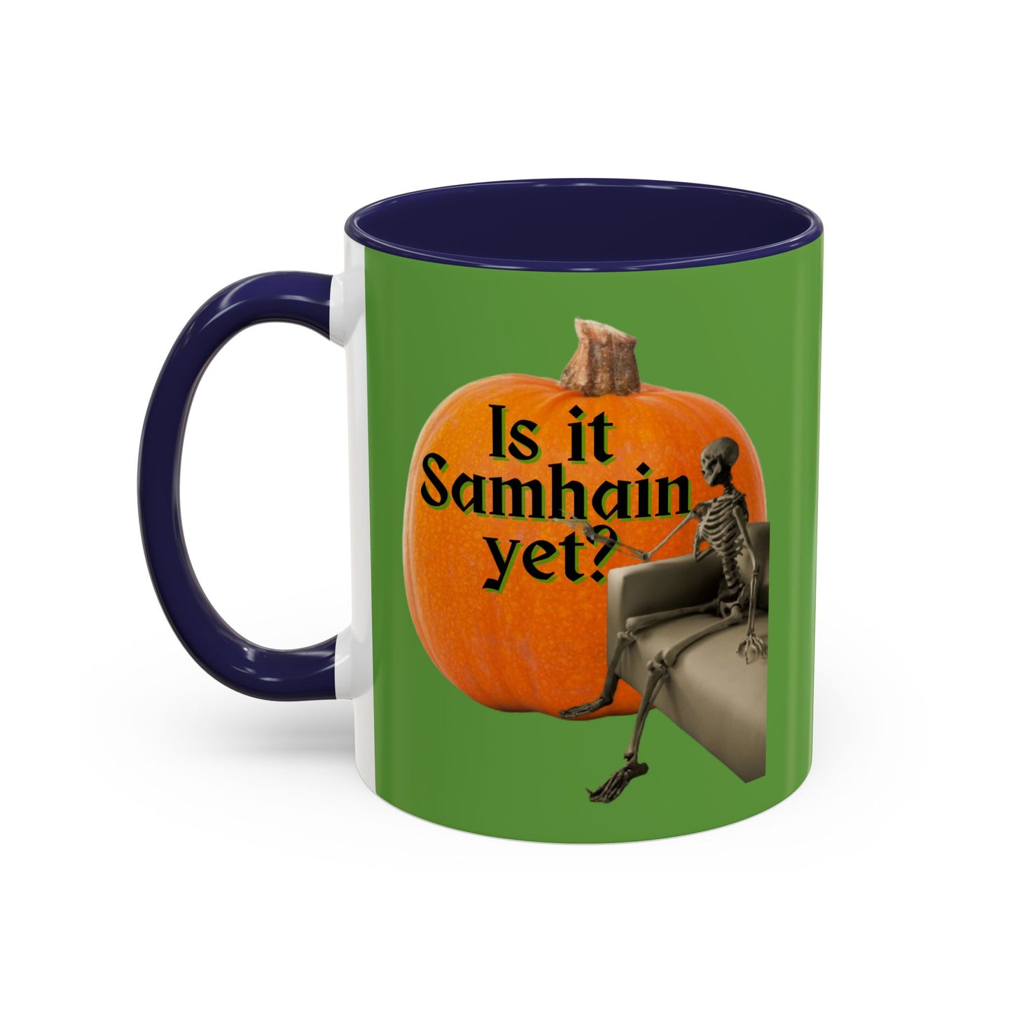 Is It Samhain Yet? Skeleton's Giant Pumpkin Green Accent Mug by CreepyCrafts.boo