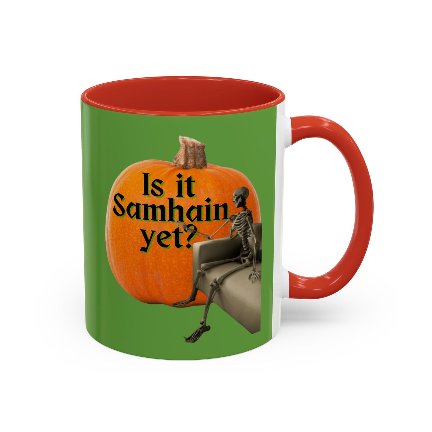 Is It Samhain Yet? Skeleton's Giant Pumpkin Green Accent Mug by CreepyCrafts.boo