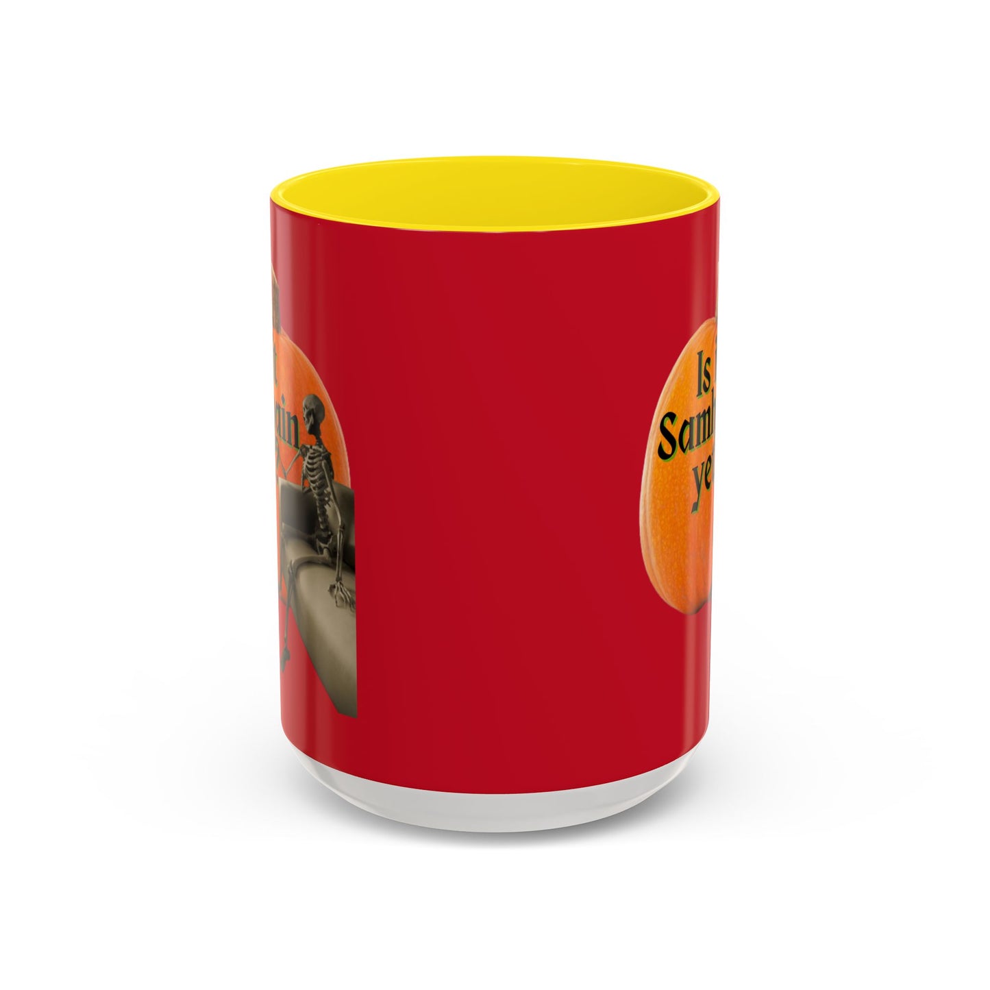 Is It Samhain Yet? Skeleton's Giant Pumpkin Red Accent Mug by CreepyCrafts.boo