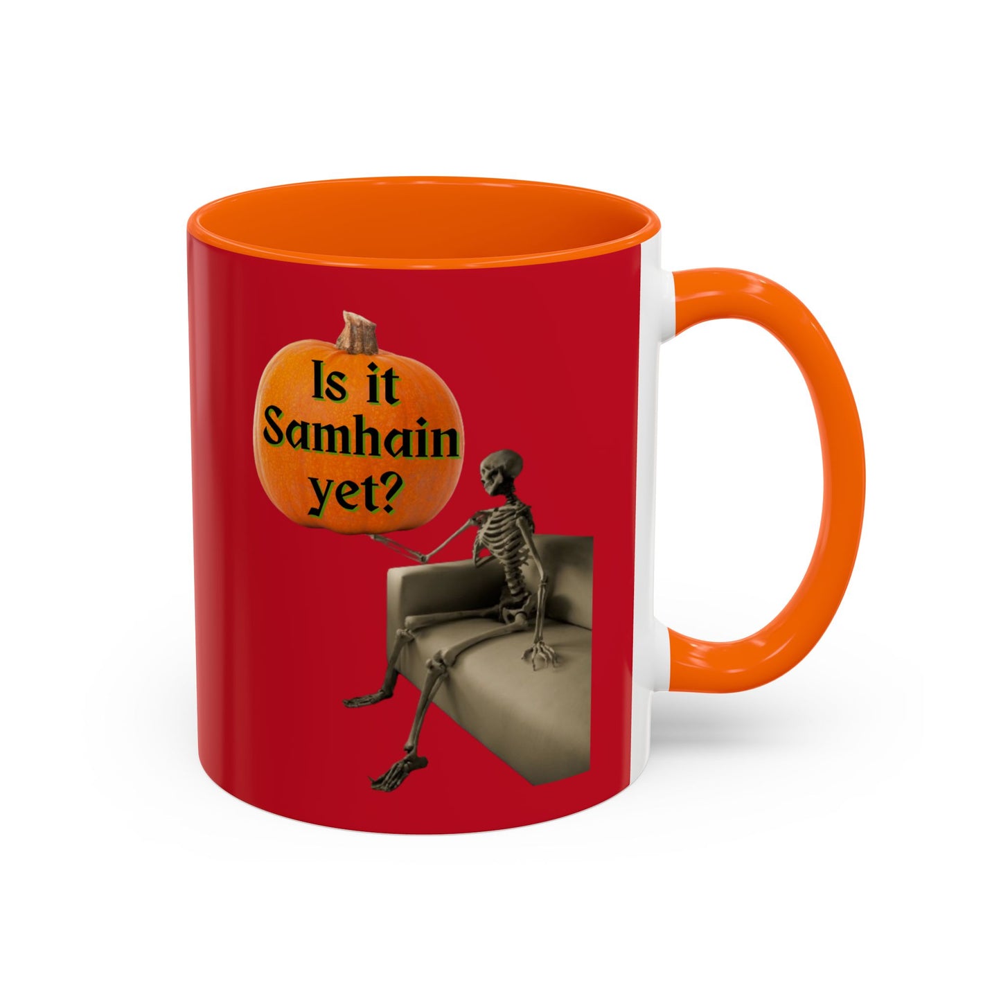 Is it Samhain yet? Skeleton's Pumpkin Red Accent Mug by CreepyCrafts.boo
