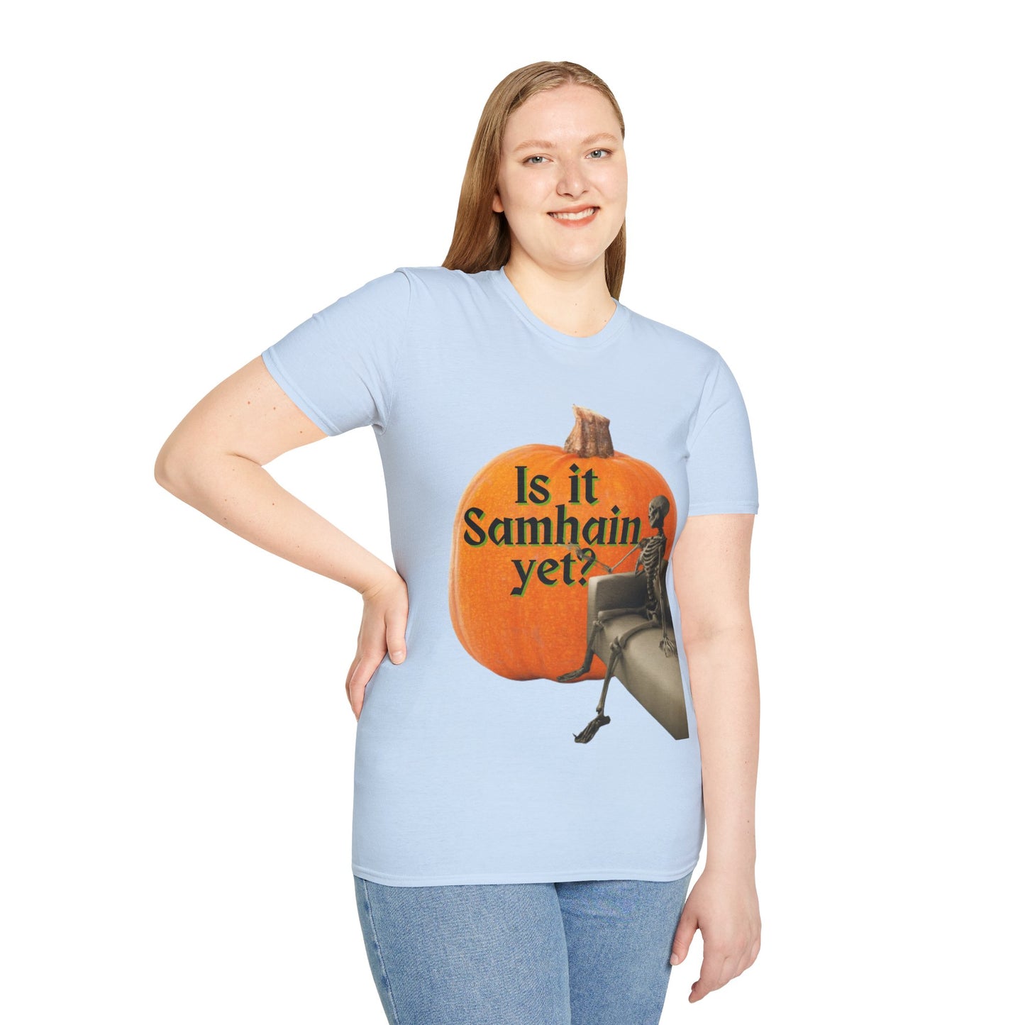 Is It Samhain Yet? Skeleton's Giant Pumpkin Light colors Unisex T-Shirt by CreepyCrafts.boo