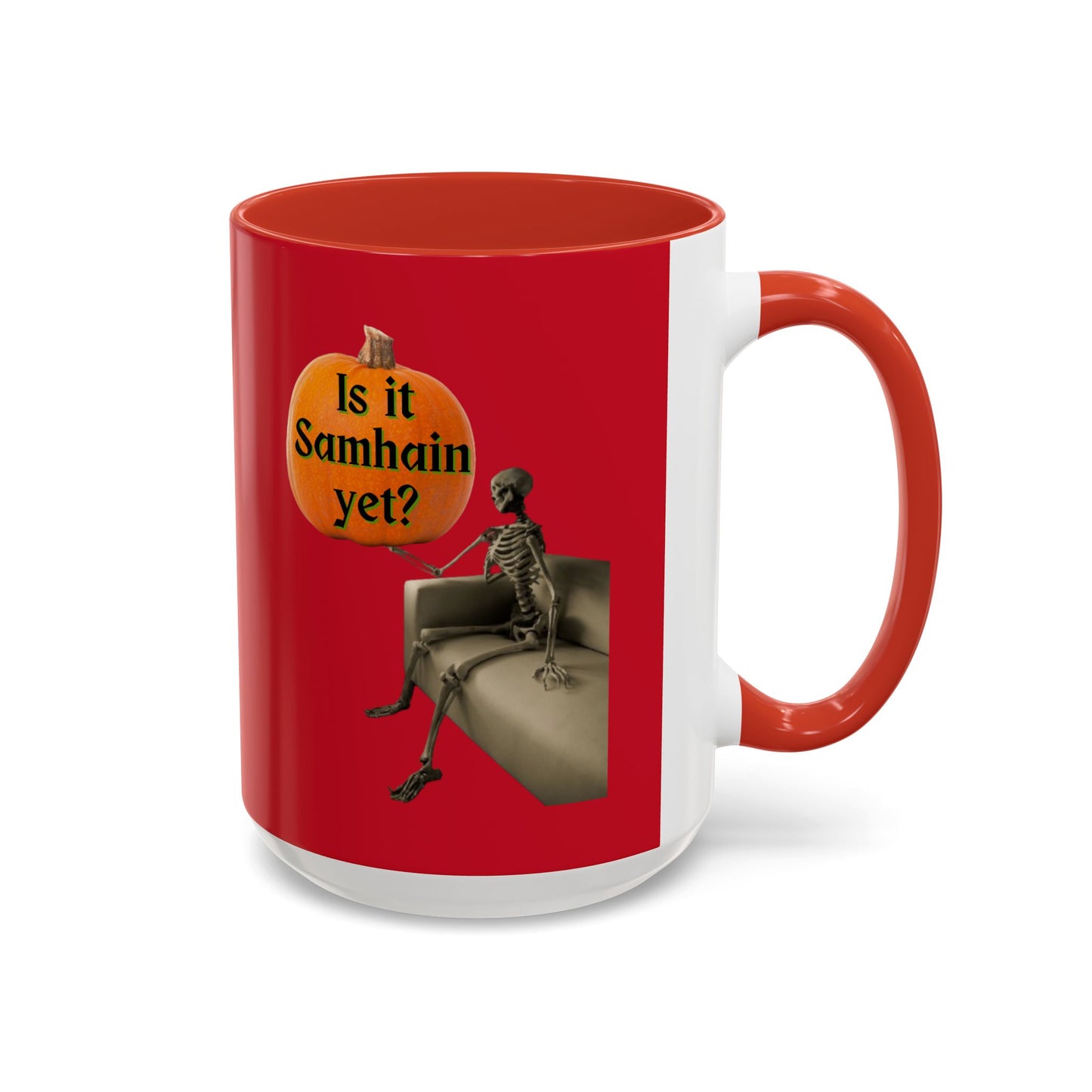 Is it Samhain yet? Skeleton's Pumpkin Red Accent Mug by CreepyCrafts.boo