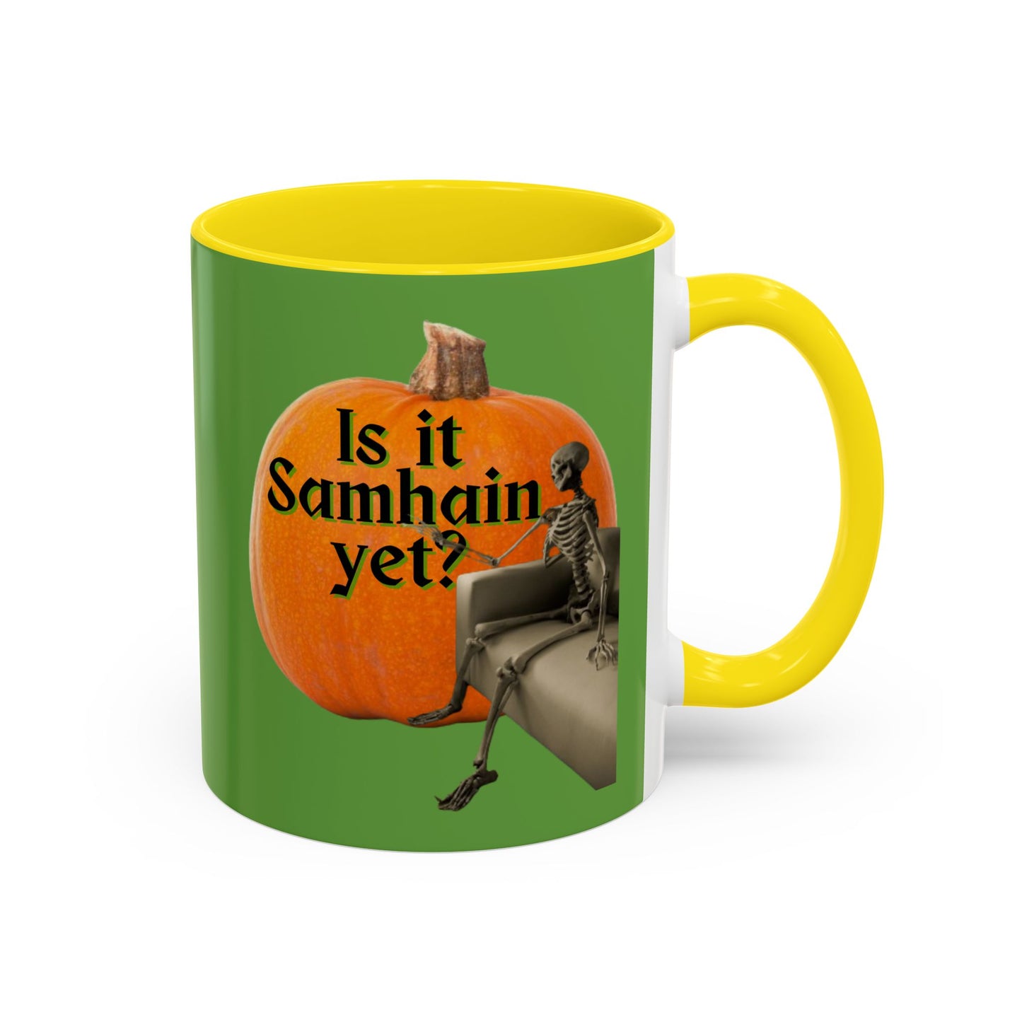 Is It Samhain Yet? Skeleton's Giant Pumpkin Green Accent Mug by CreepyCrafts.boo