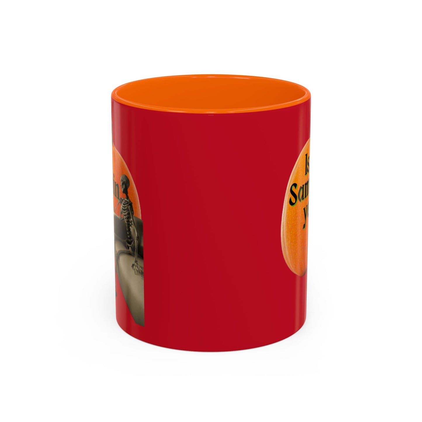 Is It Samhain Yet? Skeleton's Giant Pumpkin Red Accent Mug by CreepyCrafts.boo