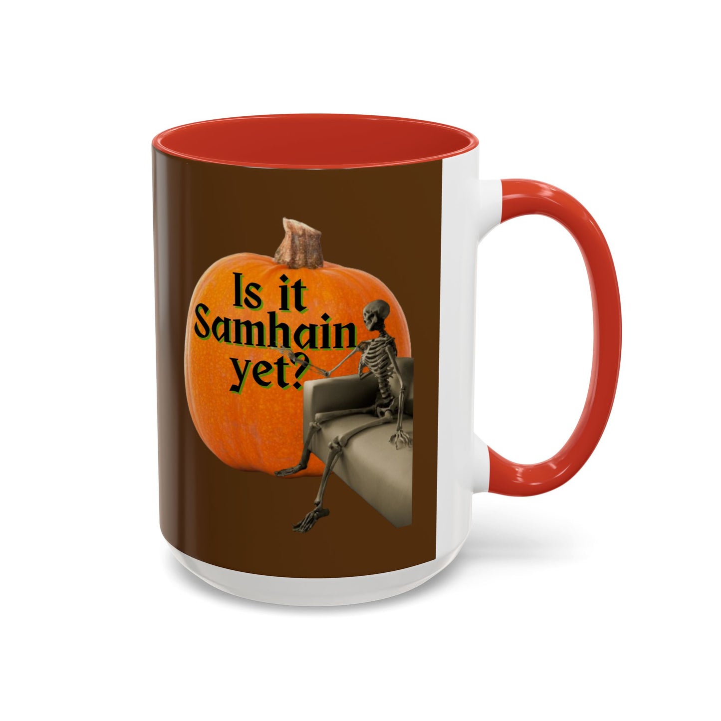 Is It Samhain Yet? Skeleton's Giant Pumpkin Brown Accent Mug by CreepyCrafts.boo