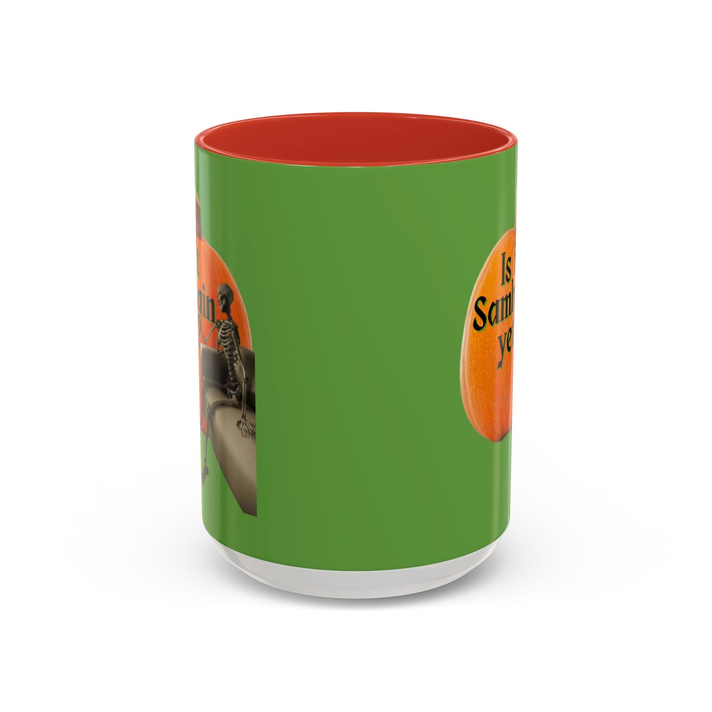 Is It Samhain Yet? Skeleton's Giant Pumpkin Green Accent Mug by CreepyCrafts.boo