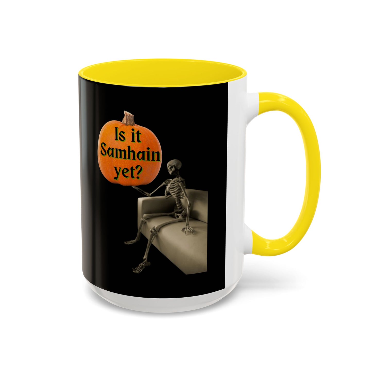 Is it Samhain yet? Skeleton's Pumpkin Black Accent Mug by CreepyCrafts.boo