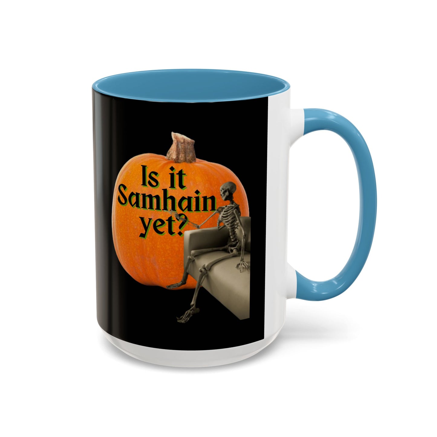 Is It Samhain Yet? Skeleton's Giant Pumpkin Black Accent Mug by CreepyCrafts.boo
