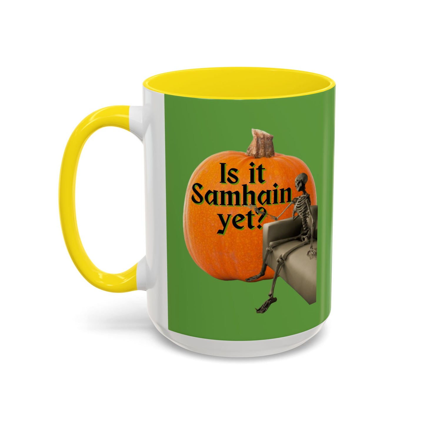 Is It Samhain Yet? Skeleton's Giant Pumpkin Green Accent Mug by CreepyCrafts.boo