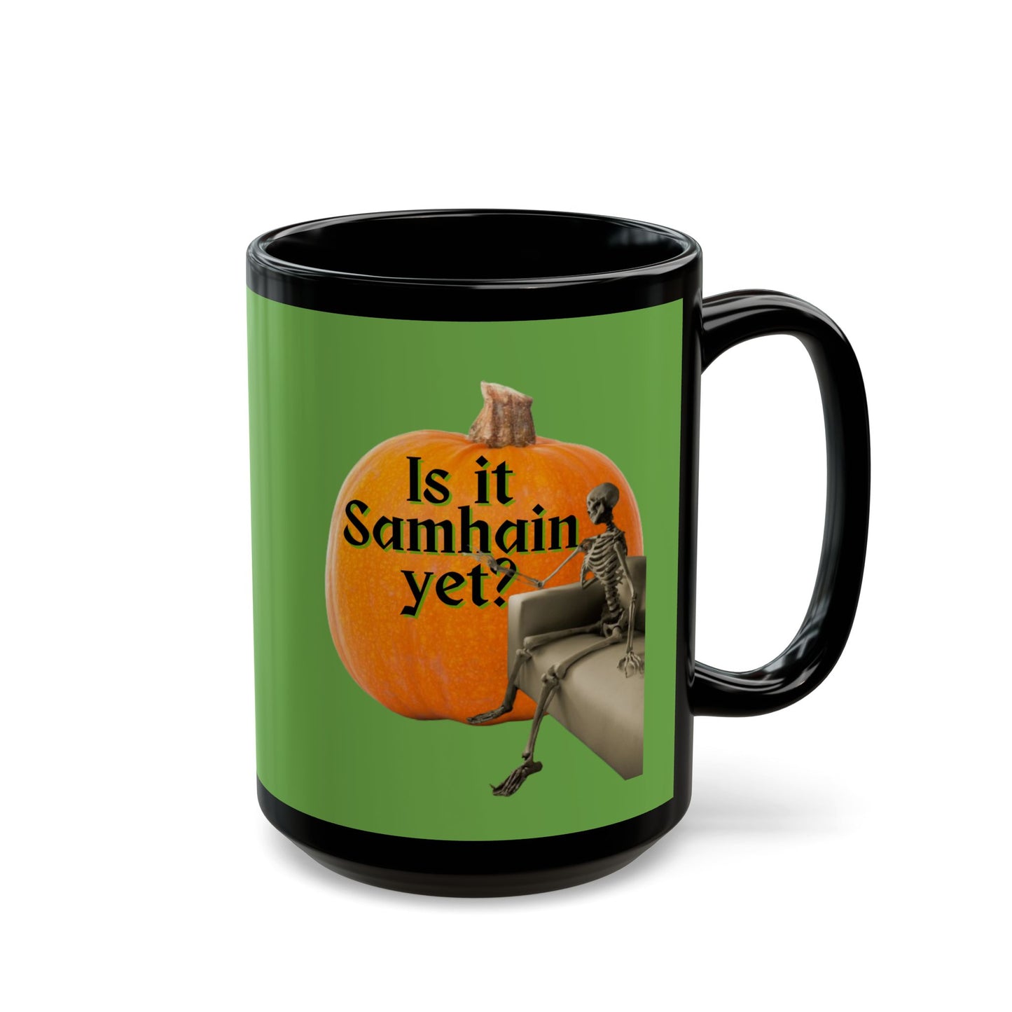 Is It Samhain Yet? Skeleton's Giant Pumpkin Green Mug by CreepyCrafts.boo