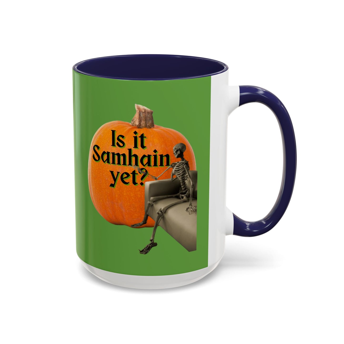Is It Samhain Yet? Skeleton's Giant Pumpkin Green Accent Mug by CreepyCrafts.boo