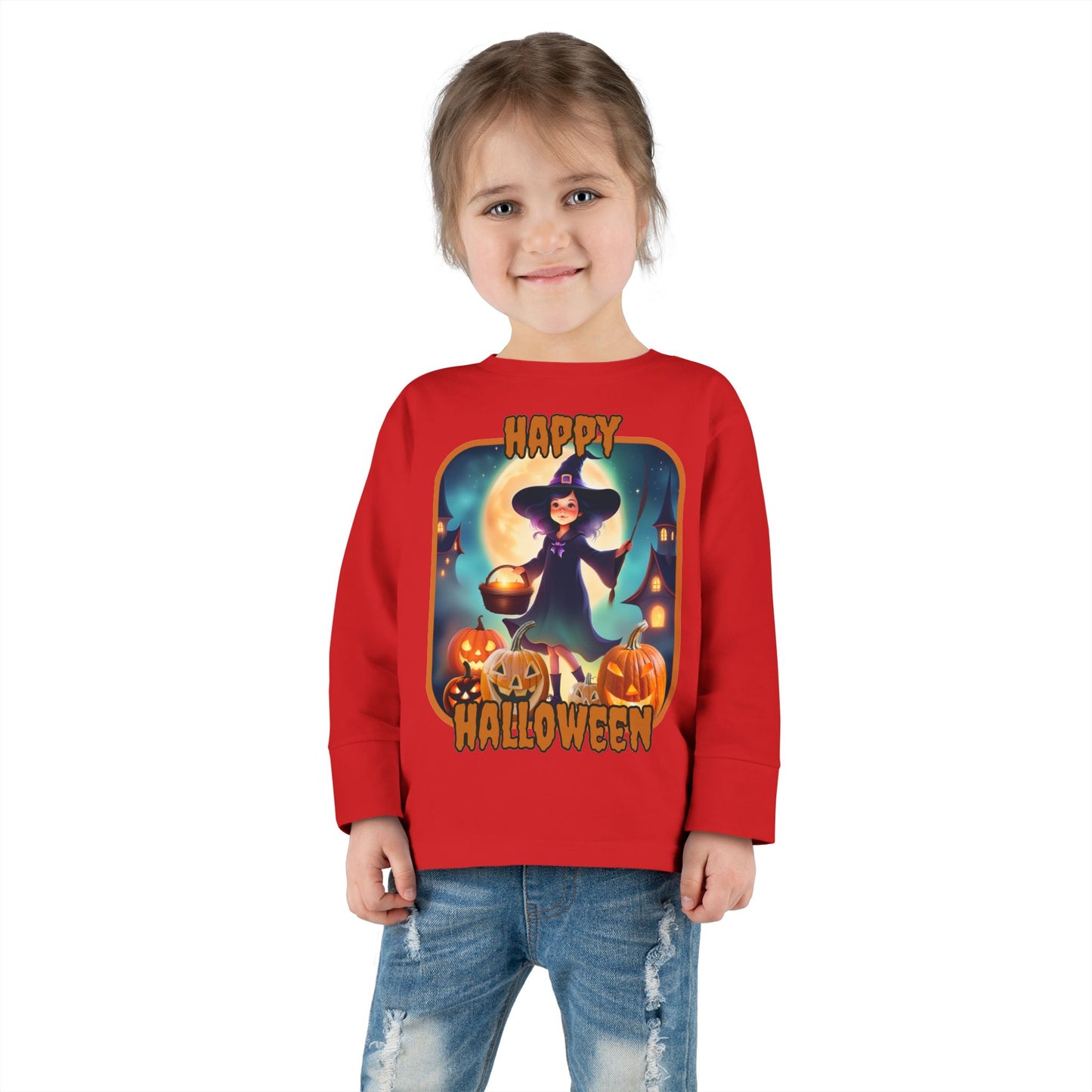Happy Halloween Little Witch Orange font Toddler Long Sleeve Tee by CreepyCrafts.boo
