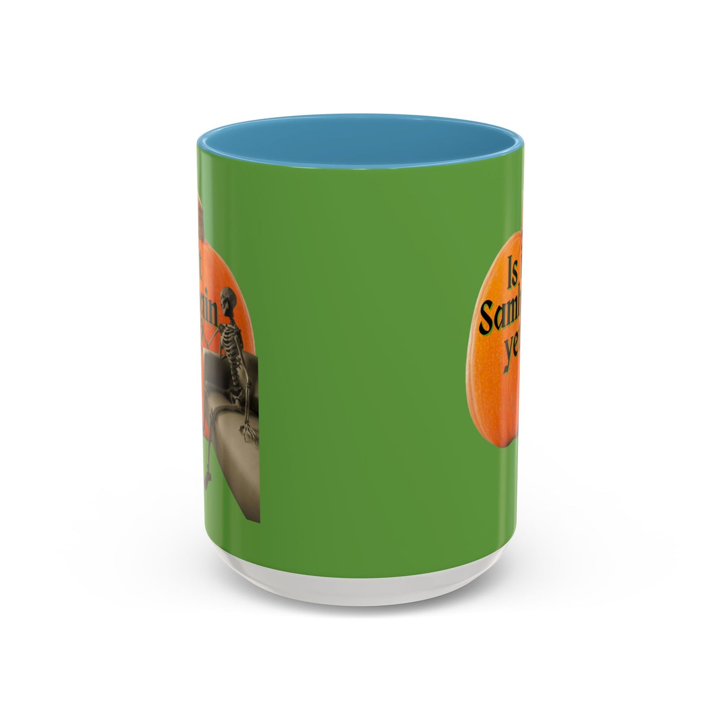 Is It Samhain Yet? Skeleton's Giant Pumpkin Green Accent Mug by CreepyCrafts.boo