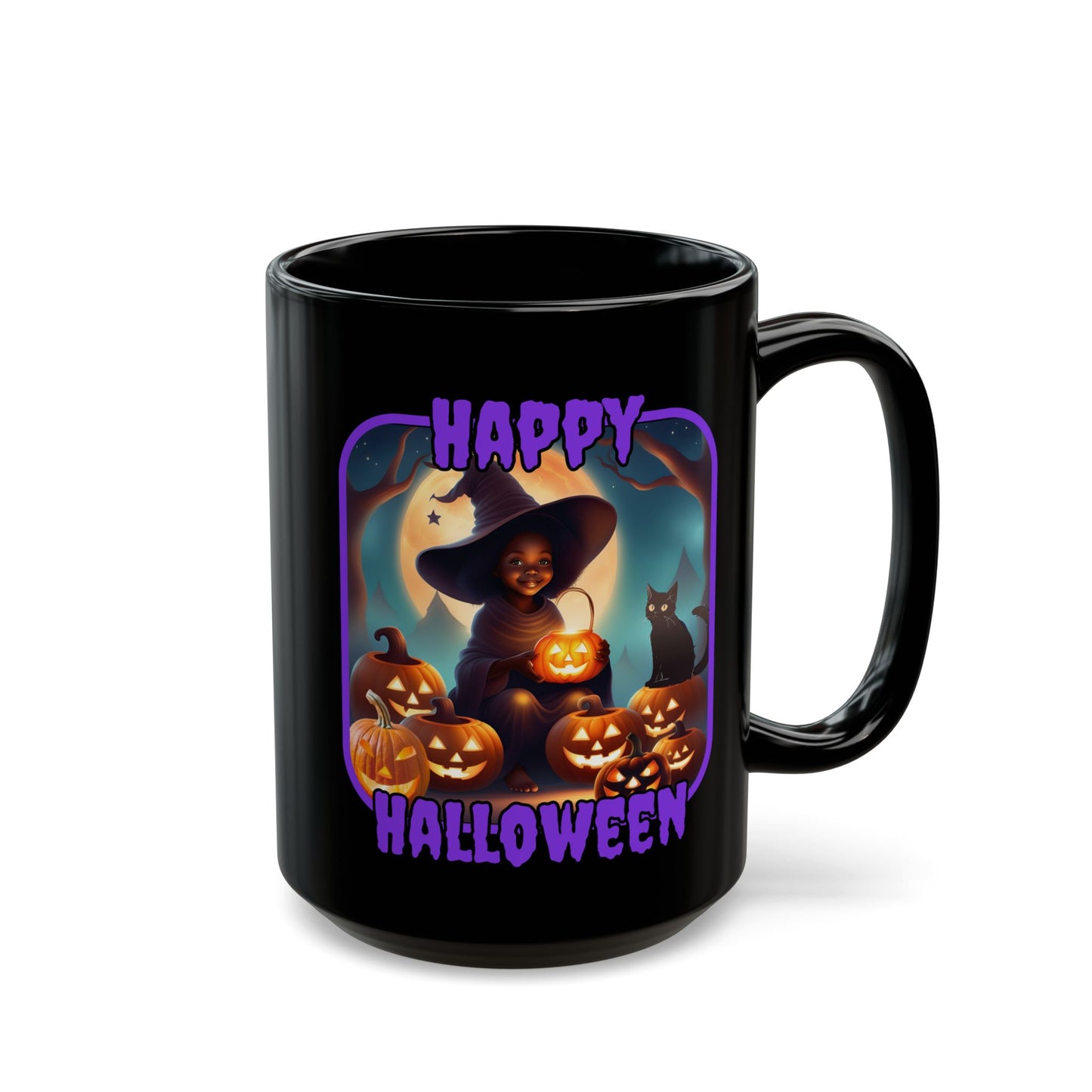 Happy Halloween Cute Witch Purple font Black Mug by CreepyCrafts.boo