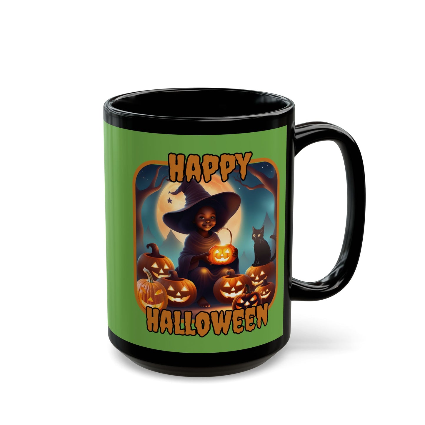 Happy Halloween Cute Witch Orange font Green Mug by CreepyCrafts.boo