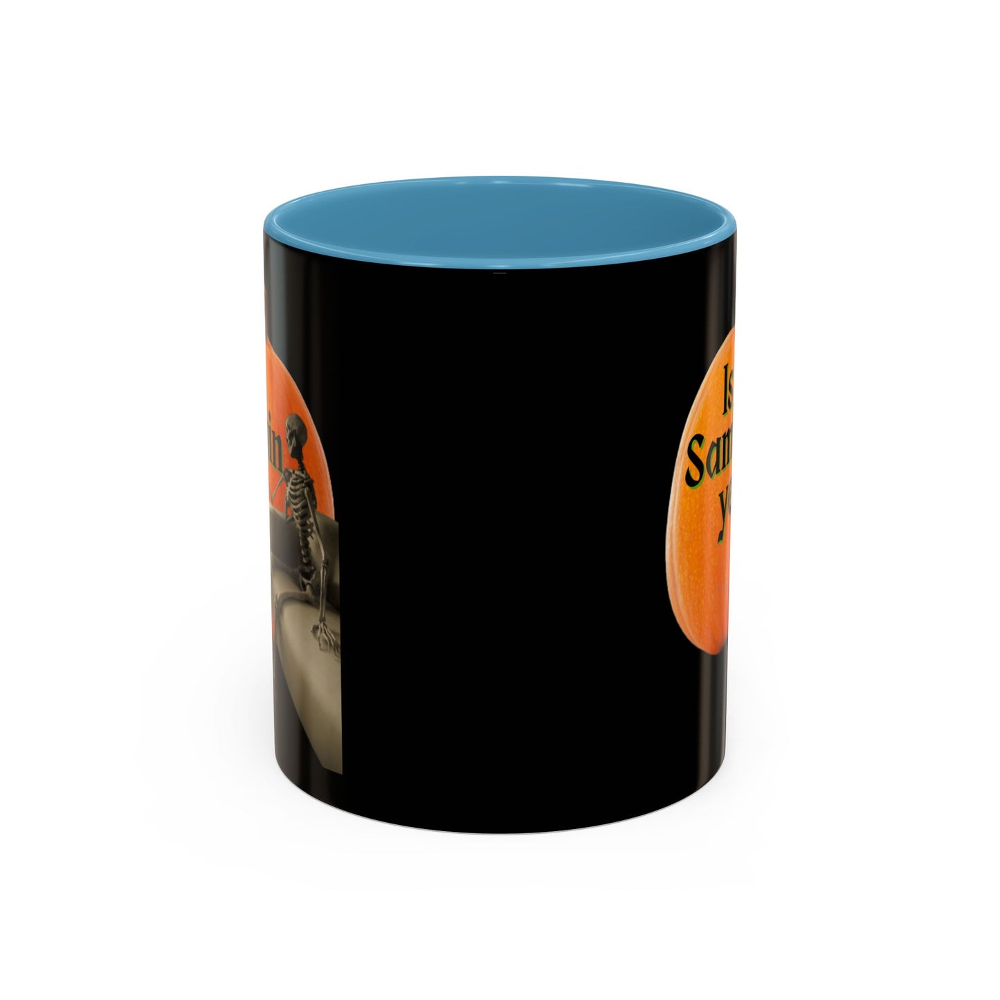 Is It Samhain Yet? Skeleton's Giant Pumpkin Black Accent Mug by CreepyCrafts.boo