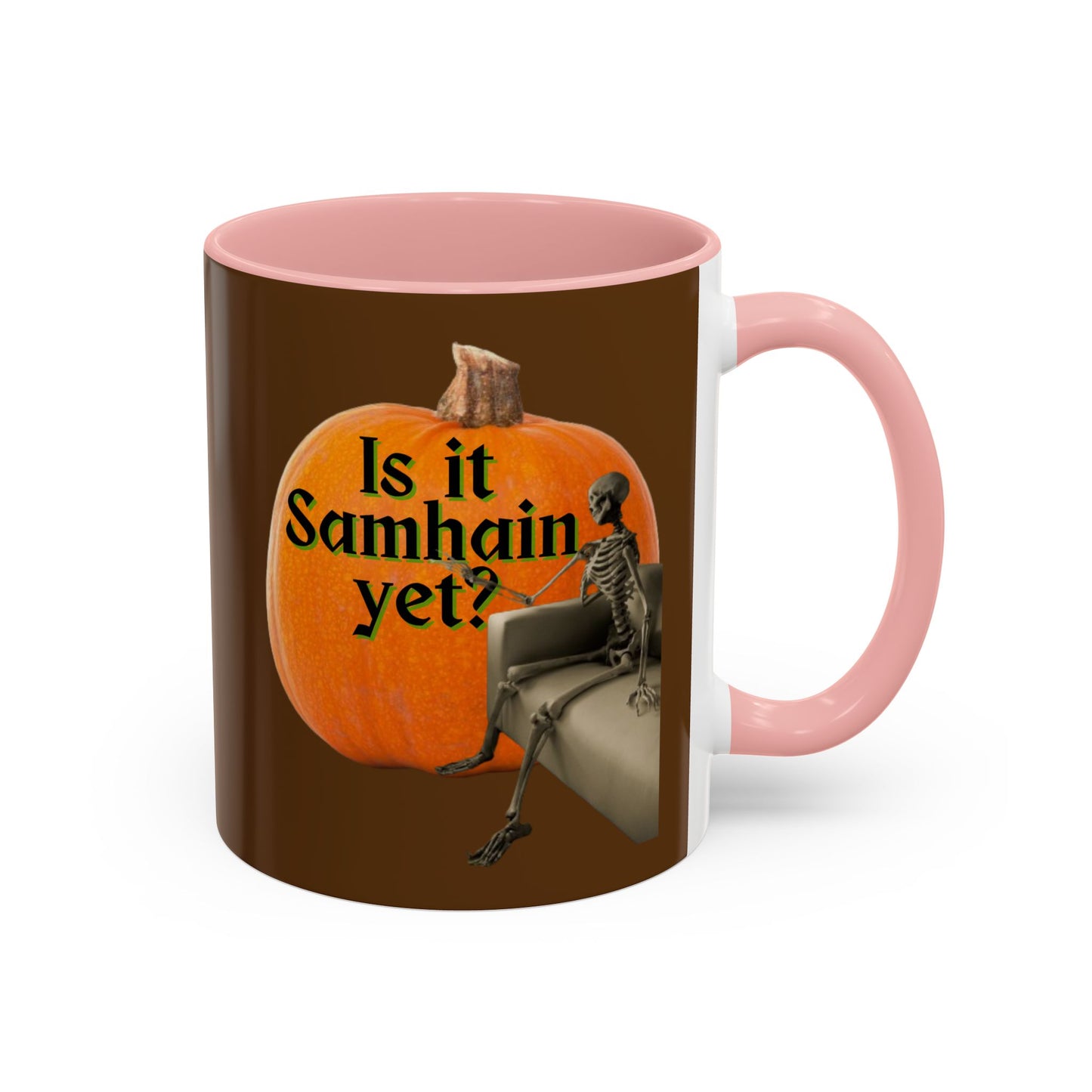 Is It Samhain Yet? Skeleton's Giant Pumpkin Brown Accent Mug by CreepyCrafts.boo
