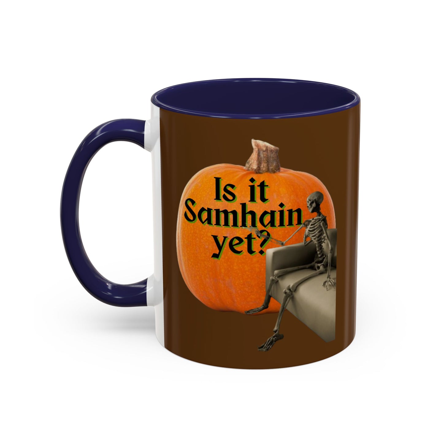 Is It Samhain Yet? Skeleton's Giant Pumpkin Brown Accent Mug by CreepyCrafts.boo