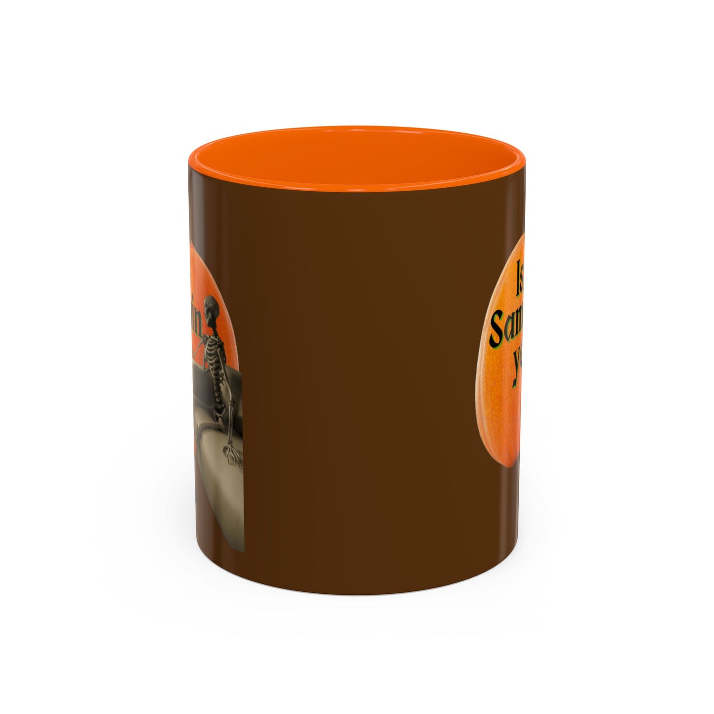 Is It Samhain Yet? Skeleton's Giant Pumpkin Brown Accent Mug by CreepyCrafts.boo